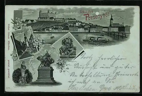 Mondschein-Lithographie Pozsony, Szt. Marton, Hummel szobor, Koronazasi szekesegyhaz