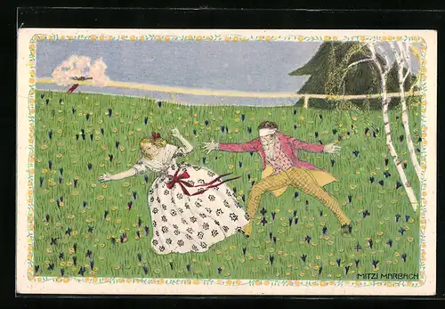 Künstler-AK sign. Mitzi Marbach: Liebespaar spielt Blinde Kuh im Garten