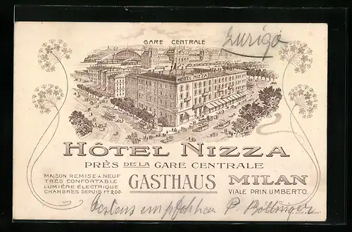 Lithographie Mailand, Hotel Nizza aus der Vogelschau