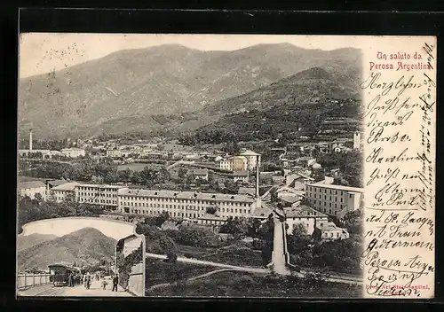 AK Perosa Argentina, Ortsansicht mit grossem Gebäude, Strassenbahn