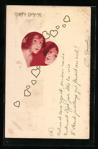 Künstler-AK sign. Carl Jözsa: Hübsche Frauen im Herzrahmen, Jugendstil