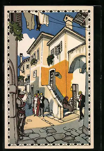 Künstler-AK H. Kalmsteiner: Strassenpartie in der Altstadt, Adria-Ausstellung 1913 in Wien