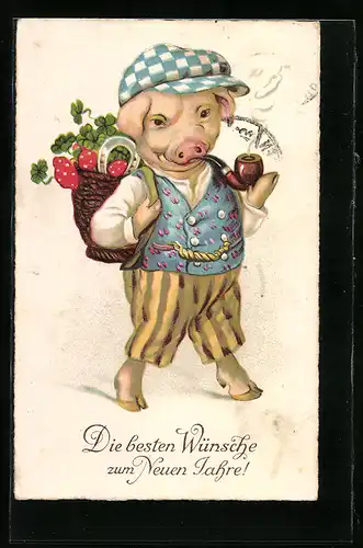 AK Schweinchen mit Pfeife und Kiepe voller Glücksbringer als Neujahrsgruss