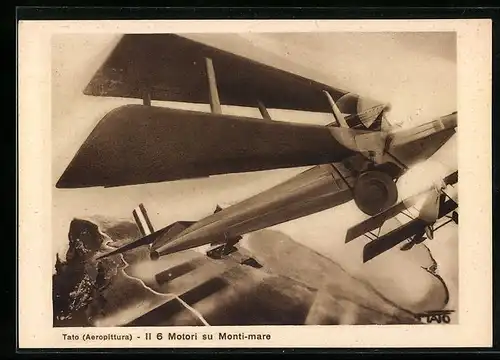 Künstler-AK sign. Tato / Guglielmo Sansoni: Il 6 Motori su Monti-mare, Aeropittura, Futurismus