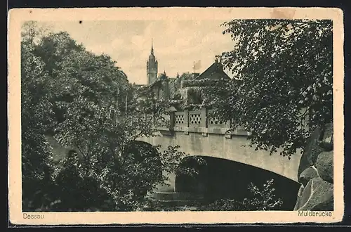 AK Dessau, Muldbrücke mit Kirchturm