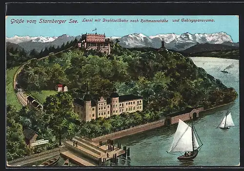 Künstler-AK Leoni / Starnberger See, Panorama mit Drahtseilbahn nach Rottmannshöhe