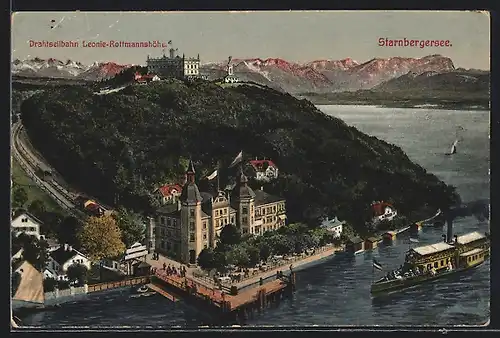 AK Starnberg, Gebirgspanorama mit Drahtseilbahn Leoni-Rottmannshöhe am Starnberger See