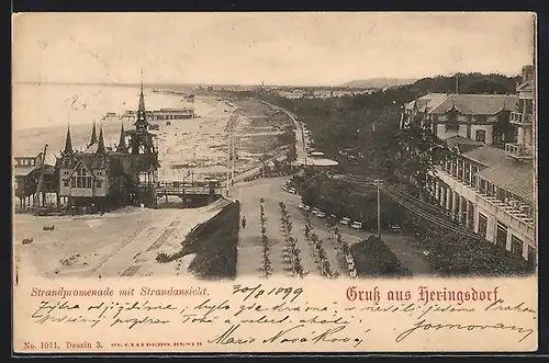 AK Heringsdorf / Seebad, Strandpromenade mit Strandansicht aus der Vogelschau