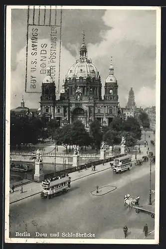 AK Berlin, Dom und Schlossbrücke mit Kutschen und Bussen