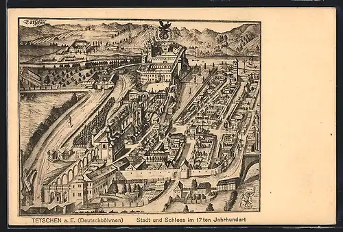 Künstler-AK Tetschen a. E., Stadt und Schloss im 17ten Jahrhundert