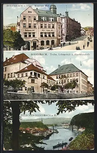 AK Bodenbach, Hotel Wettiner Hof, Techn. Lehranstalt und Handelsschule, Elbpanorama