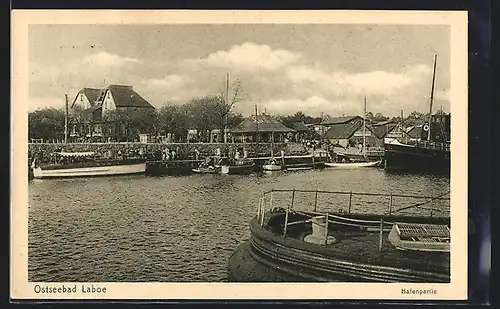 AK Laboe / Ostsee, Blick von der See zum Hafen