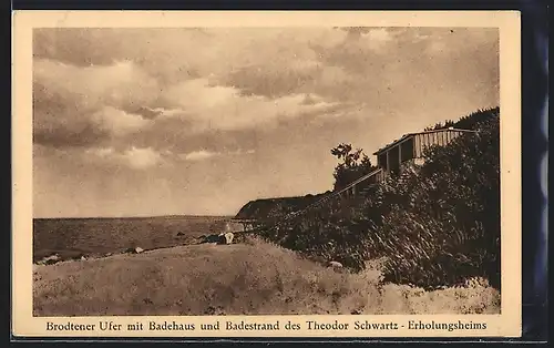 AK Travemünde, Brodtener Ufer mit Badehaus und Badestrand des Theodor Schwartz-Erholungsheim