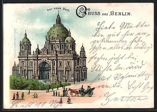 Lithographie Berlin, Kutsche am neuen Dom