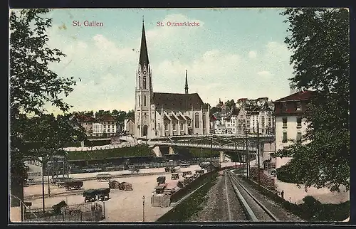 AK St. Gallen, St. Ottmarkirche mit Brücke