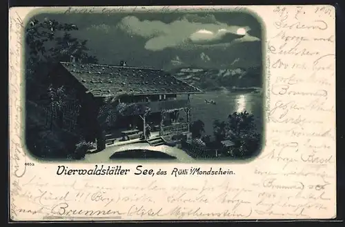 Lithographie Rütli /Vierwaldstätter See, Hotel Rütli i. Mondschein