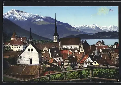 AK Zug, Teilansicht der Ortschaft mit Kirchturm