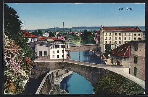 AK Orbe, Teilansicht mit Fluss und Brücken