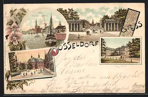 Lithographie Düsseldorf, Rheinpartie m. Schiffbrücke, Maximilians-Kirche, Jägerhof