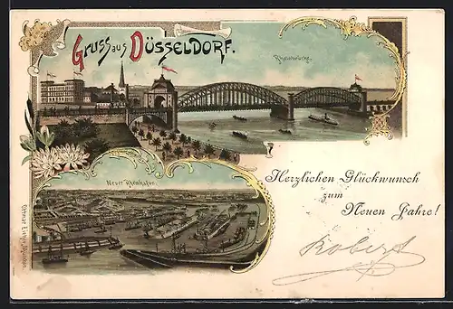 Lithographie Düsseldorf, Neuer Rheinhafen, Teilansicht mit Rheinbrücke