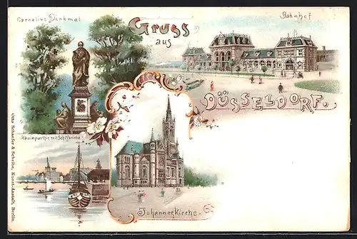 Lithographie Düsseldorf, Cornelius-Denkmal, Bahnhof, Johanneskirche