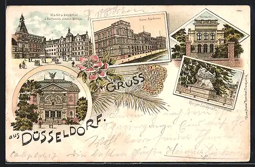 Lithographie Düsseldorf, Kunst-Akademie, Malkasten, Krieger-Denkmal