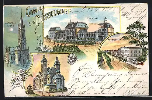 Lithographie Düsseldorf, Bahnhof, Jesuitenkirche, Hauptpostamt Hafoldstrasse