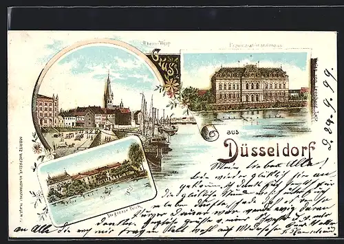 Lithographie Düsseldorf, Provinzial-Ständehaus, Rhein-Werft, Der grosse Teich