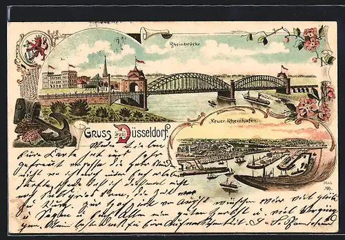 Lithographie Düsseldorf, Rheinbrücke, Neuer Rheinhafen