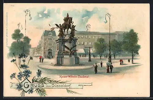 Lithographie Düsseldorf, Kaiser Wilhelm-Denkmal mit Passanten, Kornblumen