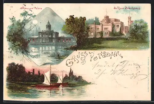 Lithographie Potsdam, Schloss Babelsberg, Mamor-Palais, Pfaueninsel