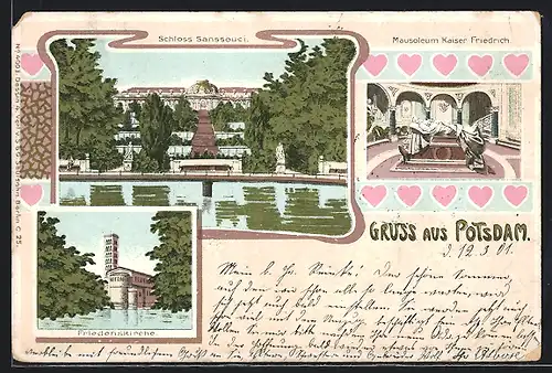 Lithographie Potsdam, Schloss Sanssouci, Mausoleum Kaiser Friedrich, Friedenskirche, mit Herzen