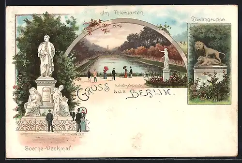 Lithographie Berlin-Tiergarten, Im Tiergarten, Goethe Denkmal, Goldfischteich, Löwengruppe