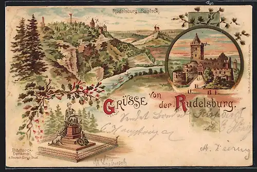 Lithographie Rudelsburg, Rudelsburg u. Saaleck, Bismarck-Denkmal d. Deutsch-Coprs-Stud.