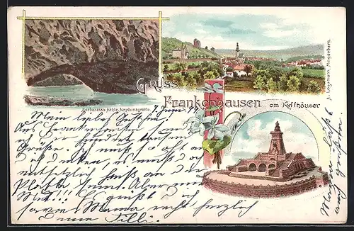 Lithographie Frankenhausen am Kyffhäuser, Barbarossa-Höhle, Neptunsgrotte, Ortsansicht, Denkmal