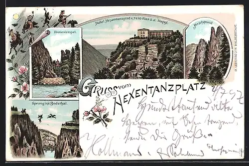 Lithographie Hexentanzplatz, Kronentempel, Hotel, Hirschgrund, Bodethal