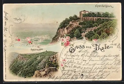 Lithographie Thale, Hexentanzplatz, Ortsansicht, Rosstrappe