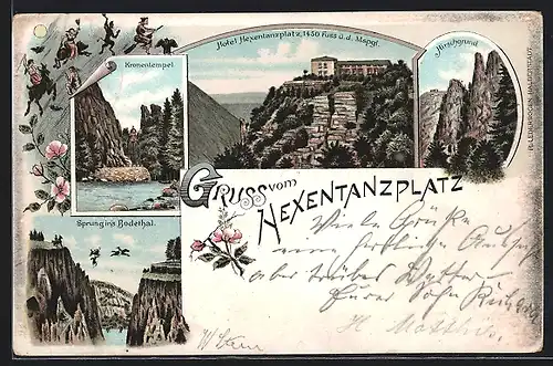 Lithographie Thale, Kronentempel, Hirschgrund, Hotel Hexentanzplatz
