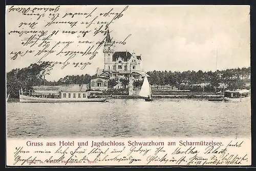 AK Schwarzhorn am Scharmützelsee, Partie auf dem Wasser mit Blick auf das Schloss