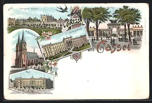 Lithographie Kassel, Orangerieschloss, Justizgebäude, Post