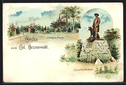 Lithographie Berlin-Grunewald, Joachim-Platz und Bismarck-Denkmal