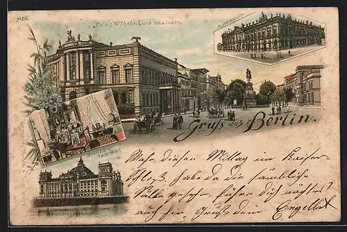 Lithographie Berlin-Tiergarten, Palais Wilhelm I. und die Linden, Reichstagsgebäude
