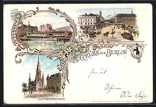 Lithographie Berlin, Janowitzbrücke, Alexanderplatz mit Pferdebahnen