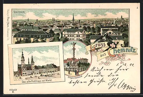 Lithographie Chemnitz, Altes Rathaus mit Markt, Sieges-Denkmal, Totalansicht