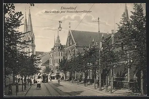 AK Düsseldorf, Marienkirche und Franziskaner-Kloster, Strassenpartie mit Strassenbahn