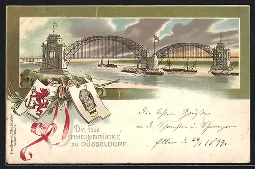 Künstler-AK Düsseldorf, Die neue Rheinbrücke mit Dampfern, Wappen von Düsseldorf und Crefeld