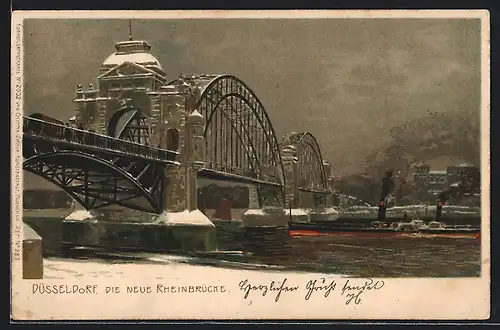 Lithographie Düsseldorf, Die neue Rheinbrücke im Schnee