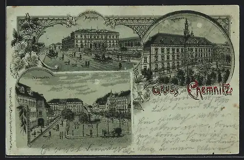 Mondschein-Lithographie Chemnitz, Bahnhof mit Strasse, Neumarkt