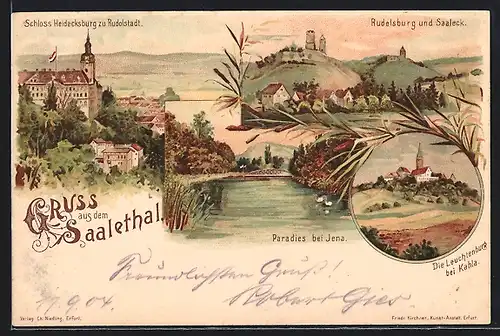 Lithographie Rudolstadt / Saalethal, Paradies b. Jena, Rudelsburg & Saaleck, Leuchtenburg b. Kahla, Schloss Heidecksburg
