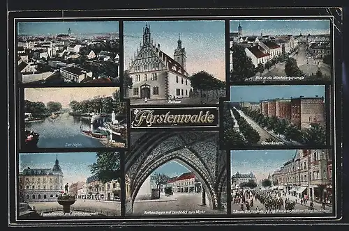 AK Fürstenwalde / Spree, Rathaus, Ulanenkaserne, Münchebergerstrasse, Hafen und Eisenbahnstrasse